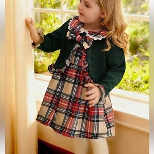 Plaid Dress with Green Cardigan